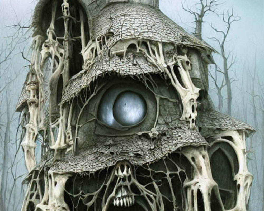 Spooky house with bone tower and eye in bleak landscape