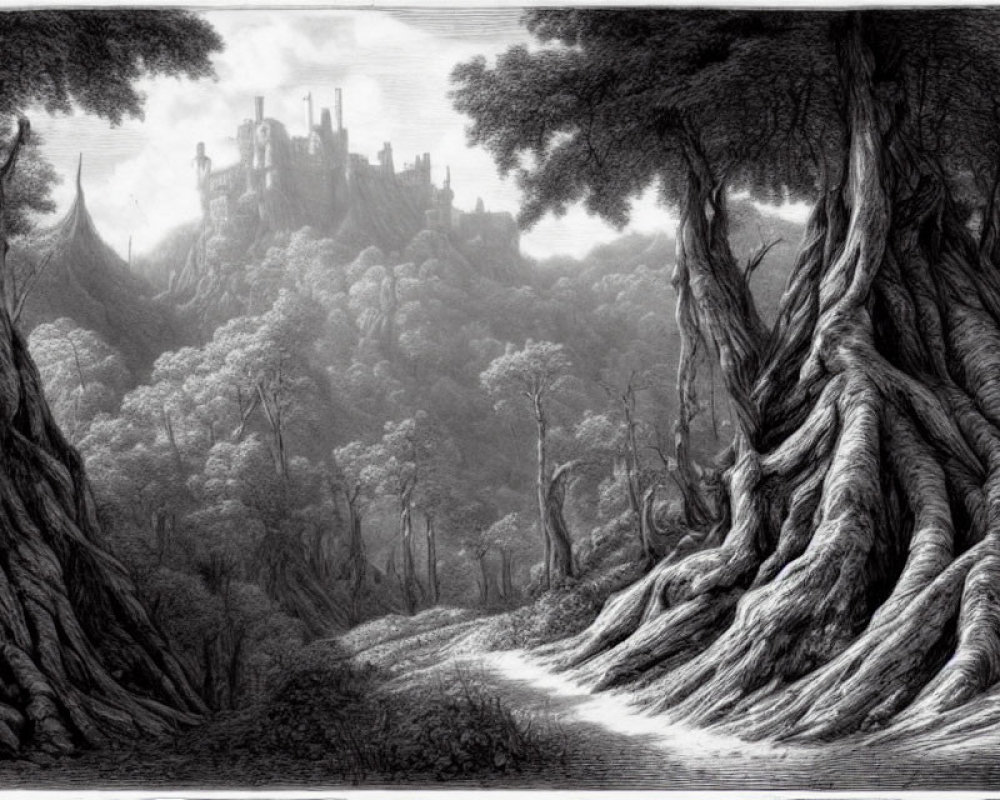 Detailed monochrome forest scene with twisted trees and castle on hill