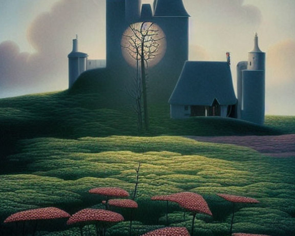 Surreal landscape with large tree, whimsical buildings, and oversized mushrooms