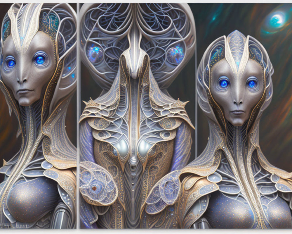Three humanoid robotic figures with blue eyes and intricate metallic detailing on a cosmic background.