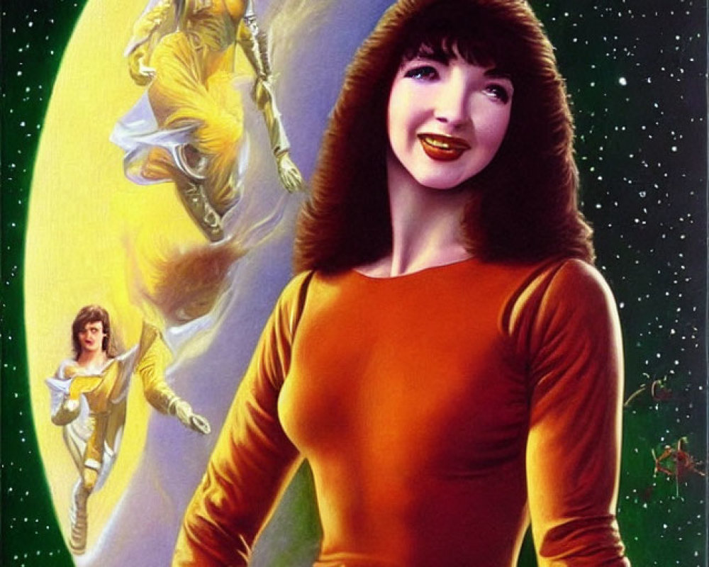 Woman in orange space suit with futuristic planet backdrop and hovering figures