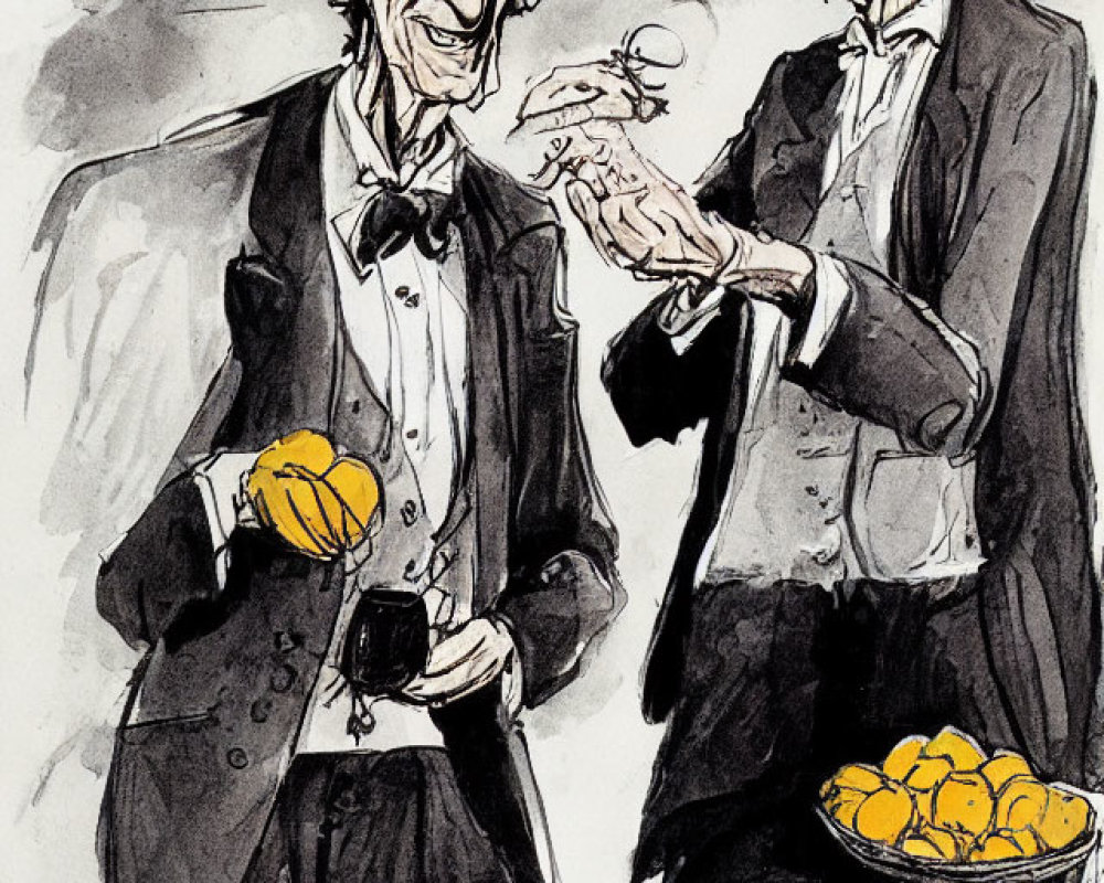 Elderly gentlemen in formal attire with bow ties holding oranges and glass, conversing.