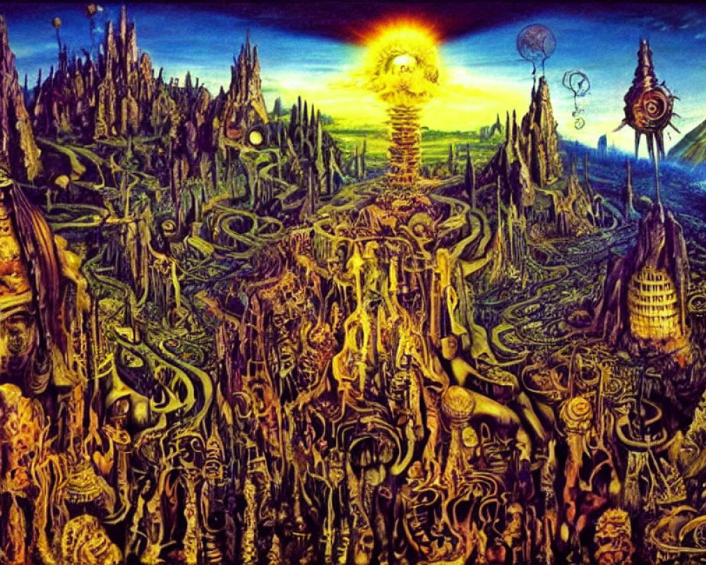 Surrealist landscape with twisted shapes and glowing sun