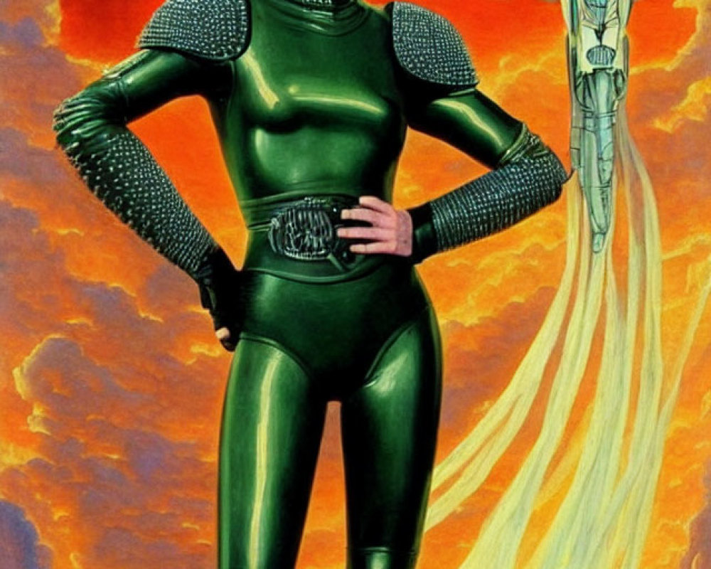 Blonde female figure in green space suit with rocket launch backdrop