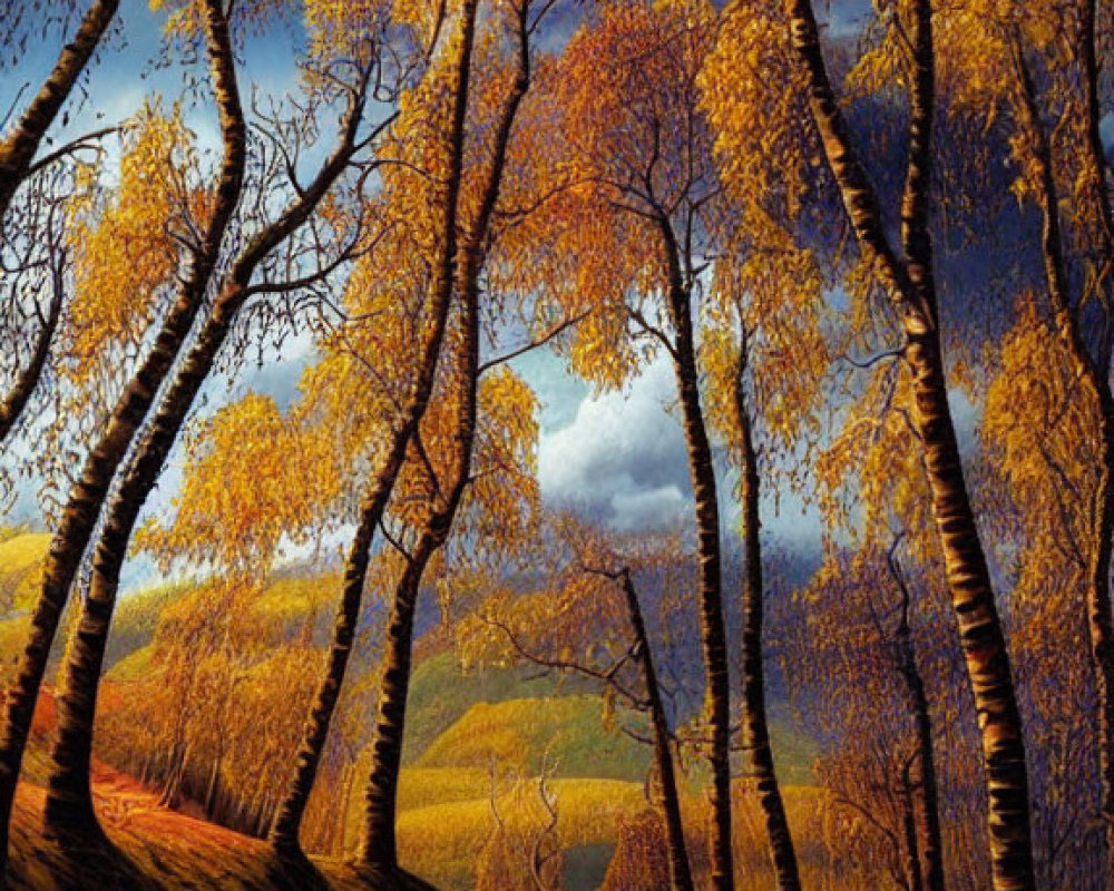 Autumn birch trees with golden leaves by serene stream