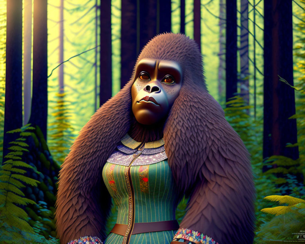 Gorilla with human-like features in tribal dress in lush forest