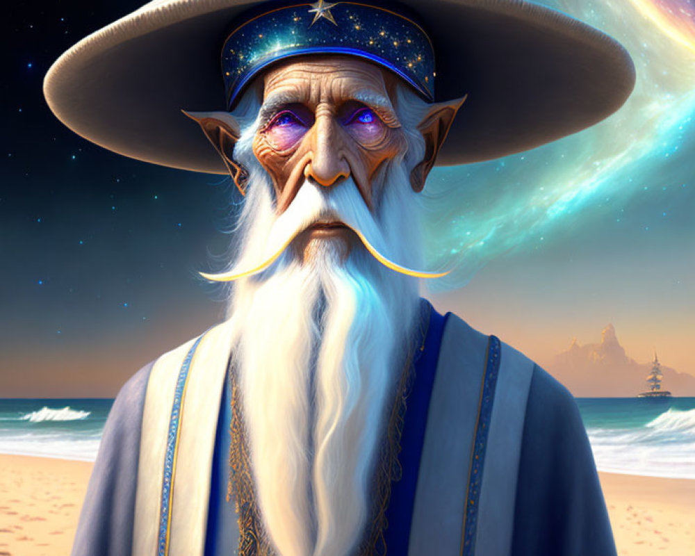 Wise wizard with pointed hat and cosmic seaside backdrop