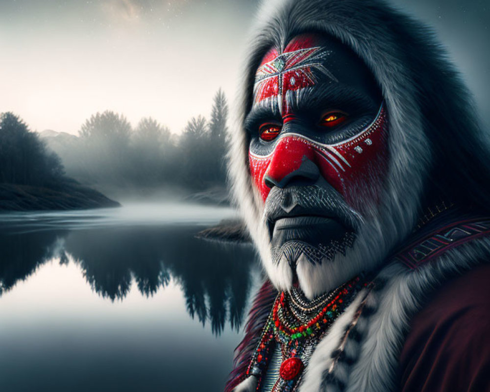 Person in Red and White Face Paint Contemplates by Night Lake