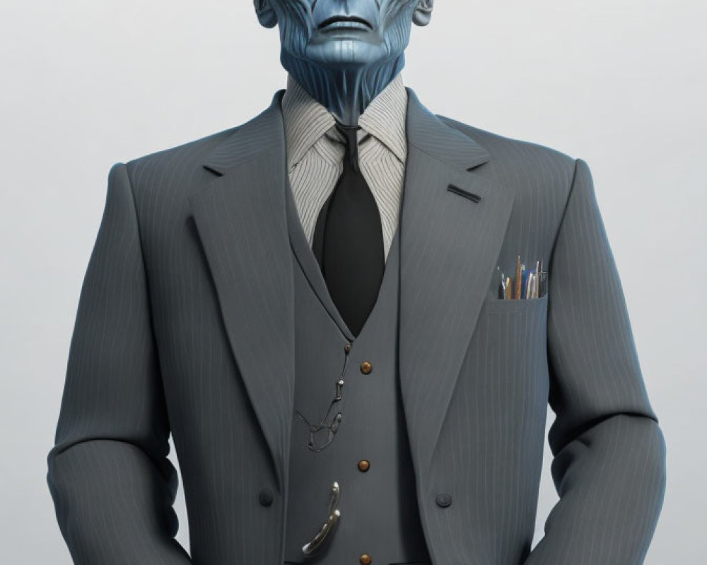 Blue-skinned alien in grey suit with pocket watch and bone cane