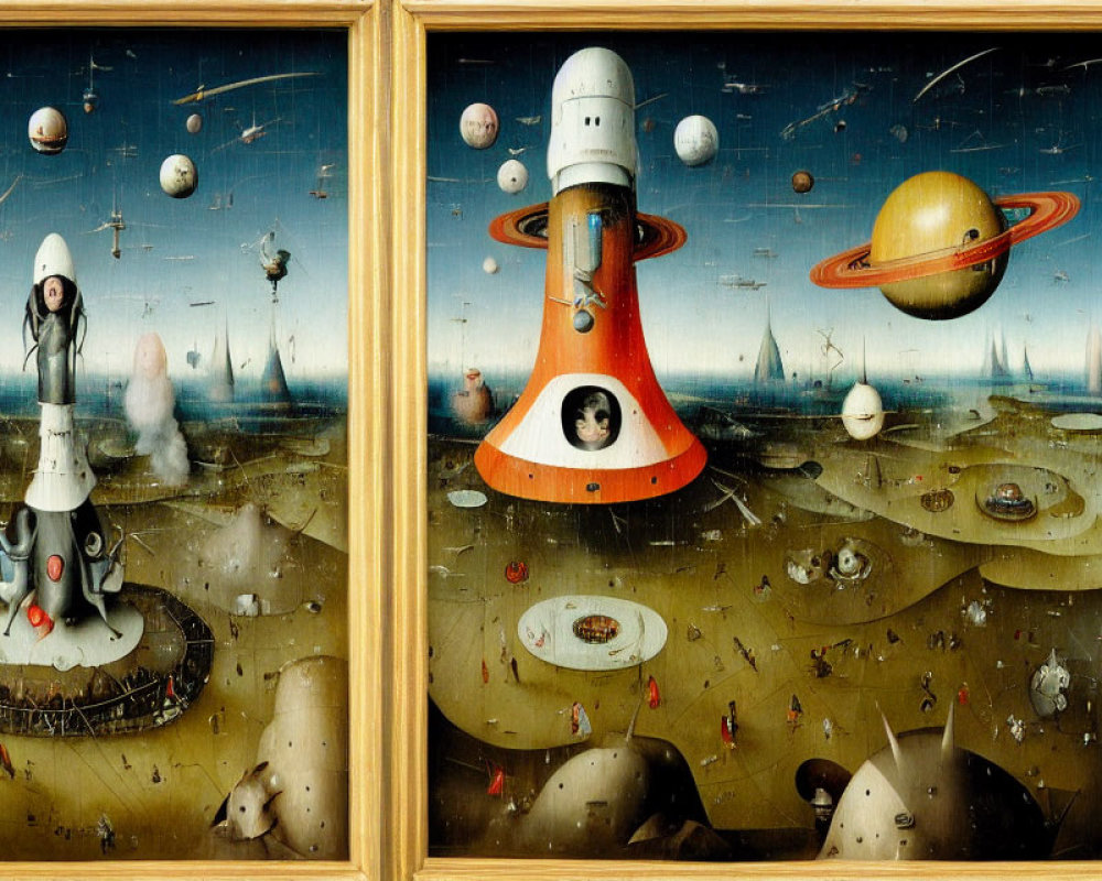 Surreal diptych art: spacecraft, whimsical characters, fantastical landscapes, floating spherical