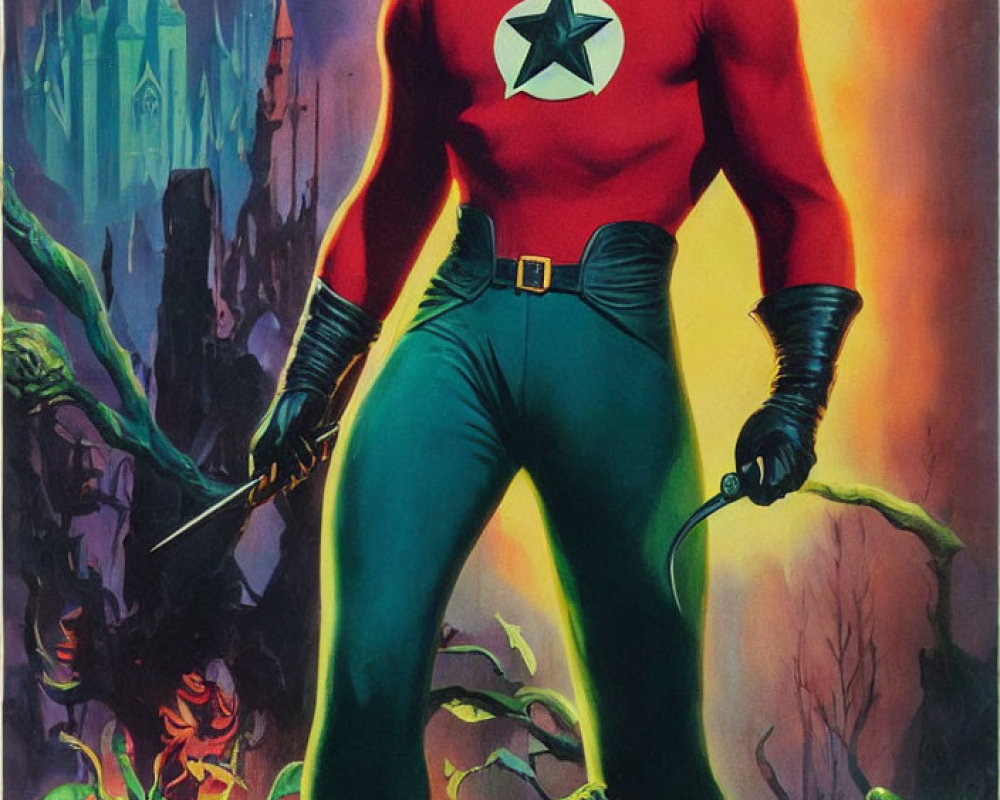 Muscular superhero in red suit with star emblem against mystical castle.