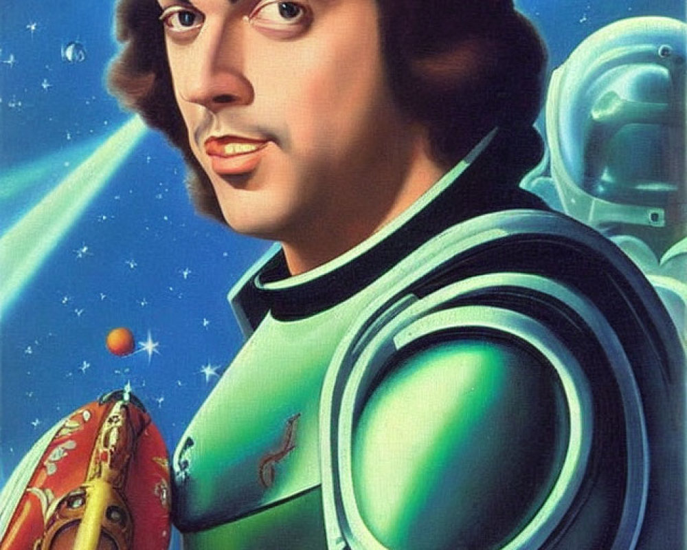 Brown-haired person in green space suit with spaceship in cosmic background