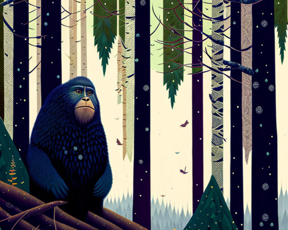 Solemn blue monkey in forest with snowflakes, birds, and starry night sky