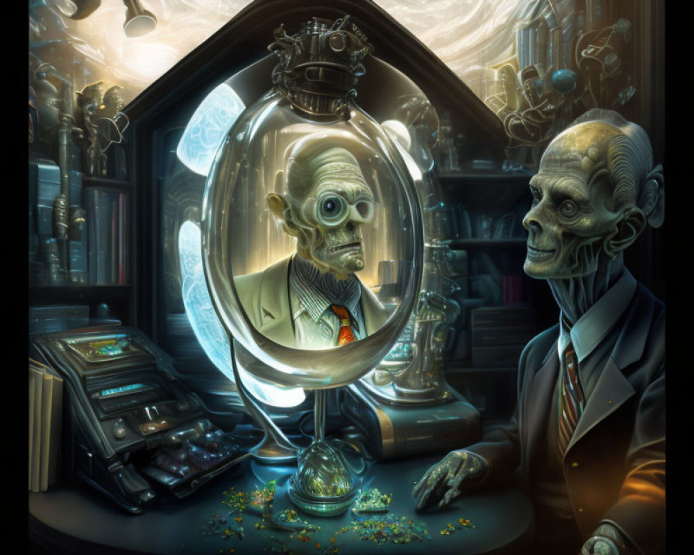 Two elderly male figures in dark lab with transparent sphere and eerie blue light