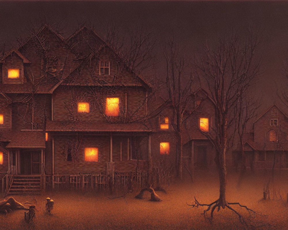 Eerie Victorian house illustration at dusk with warm lights and barren trees