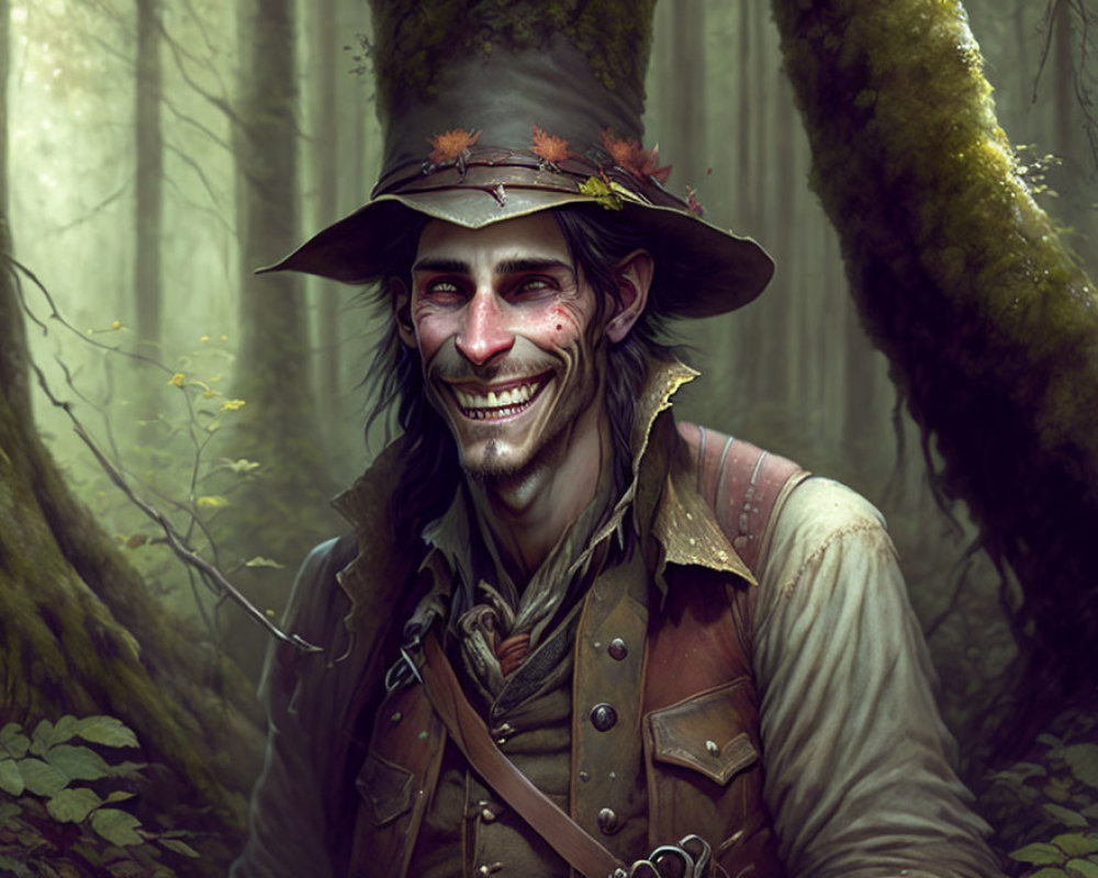 Digital illustration of grinning man with pointed ears in leaf-adorned hat against forest backdrop