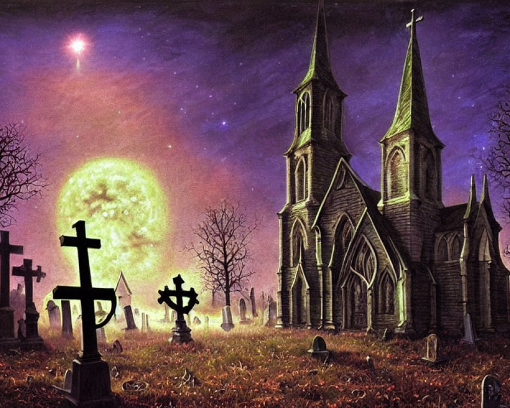 Gothic church, moonlit sky, green hue, gravestones, spooky landscape