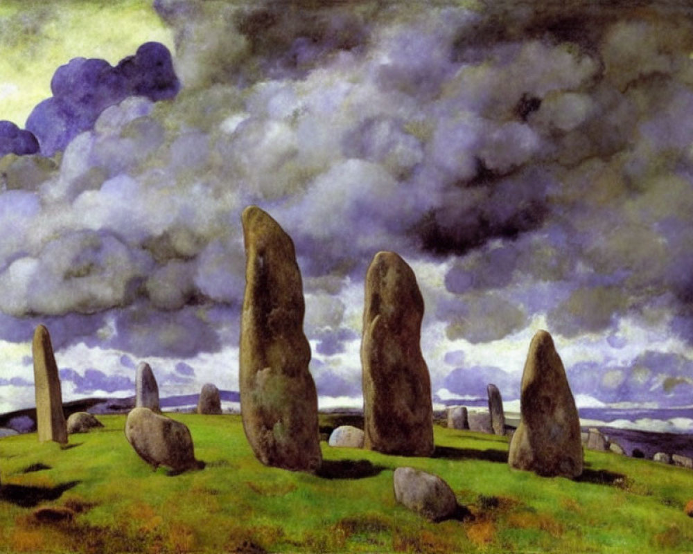 Ancient stone circle painting on lush grass field under dramatic sky