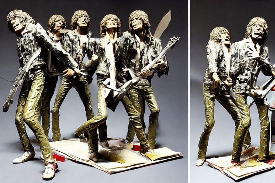 Four Rock Band Figurines with Guitars and Microphones in Dynamic Poses