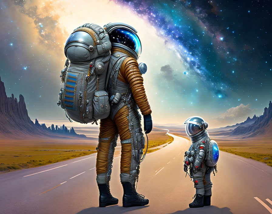 Vintage astronaut suits on desert road with cosmic galaxy and surreal mountains