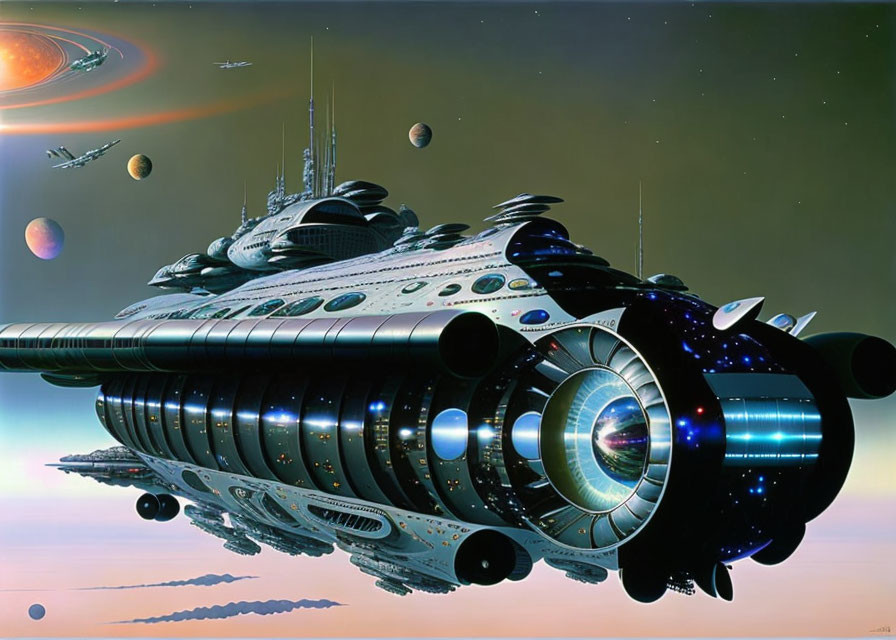 Intricate futuristic spaceship in space with planets and antennas