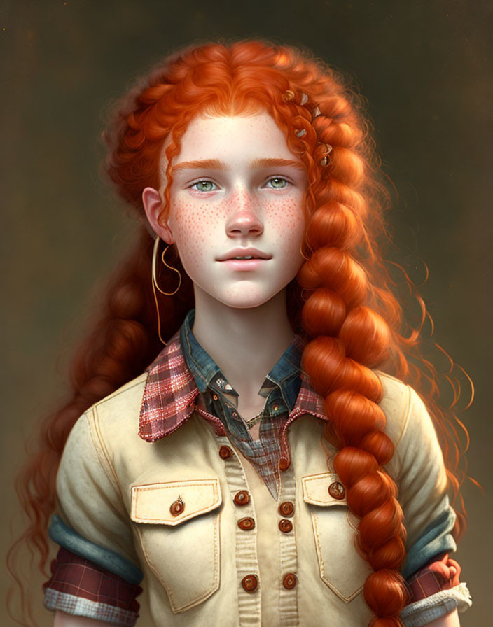 Vibrant red curly hair girl portrait with green eyes and freckles