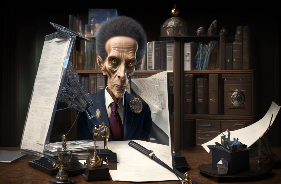 Elderly man animated character at cluttered office desk