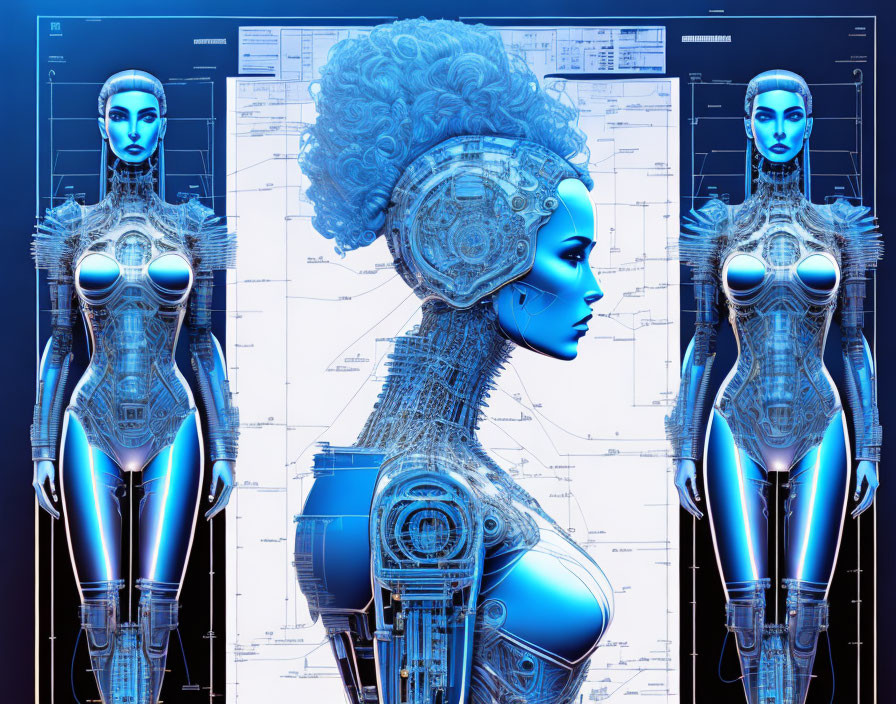 Female Android with Mechanical Details on Blueprint Background