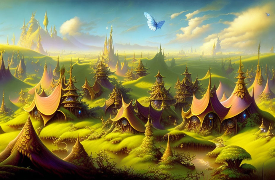 Colorful fantasy landscape with whimsical tent-like structures and a large butterfly in a bright sky.