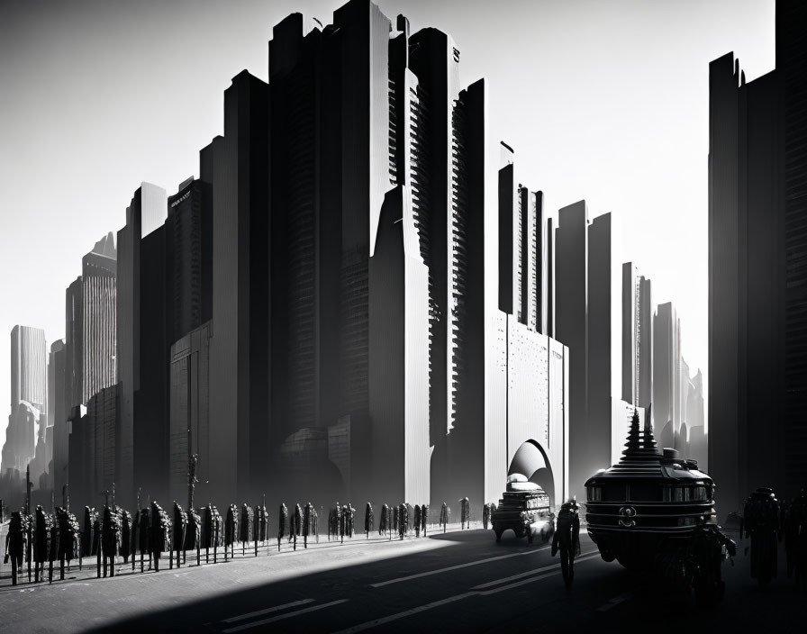 Monochrome cityscape with skyscrapers, people silhouettes, and blend of futuristic and traditional