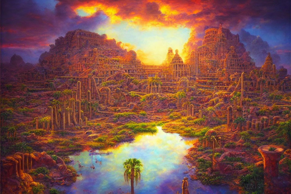 Ancient overgrown city painting with ruins, cacti, and sunset vibes