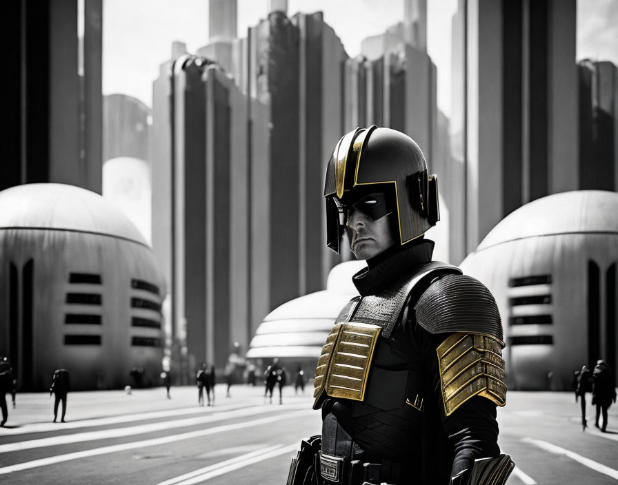 Futuristic armored suit in modern cityscape with tall buildings
