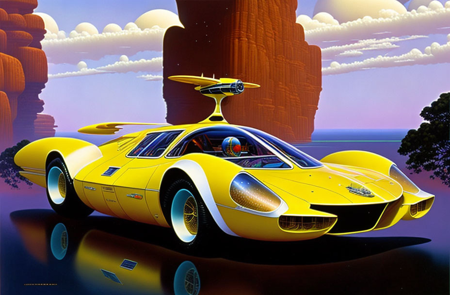 Futuristic yellow car with high rear wing in cliff surroundings