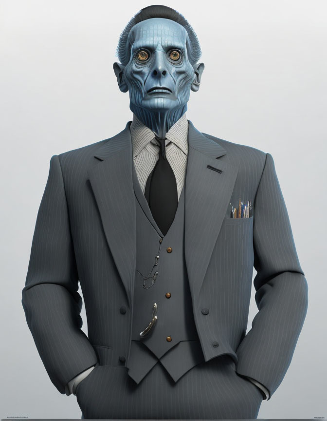 Blue-skinned alien in grey suit with pocket watch and bone cane