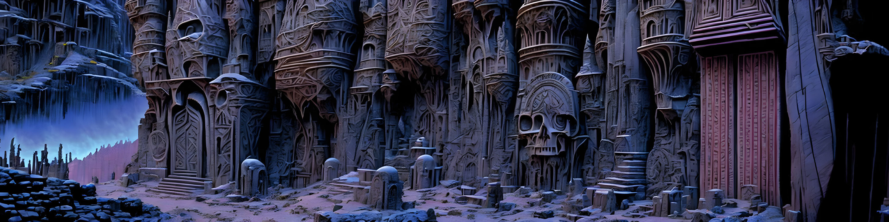 Panoramic fantasy landscape with towering structures and icy terrain