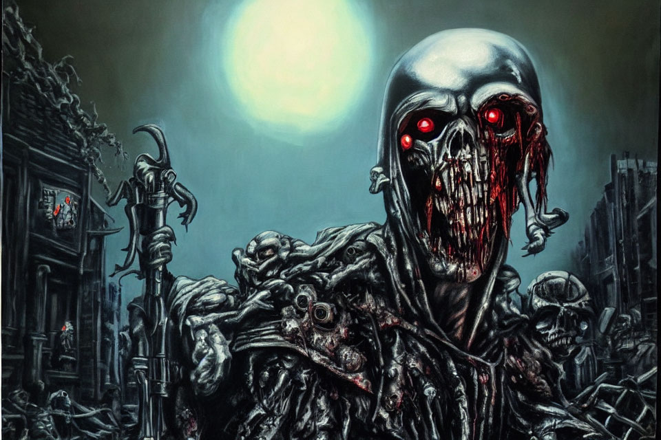 Dark fantasy art: Skeleton with red eyes leads zombie horde in post-apocalyptic cityscape