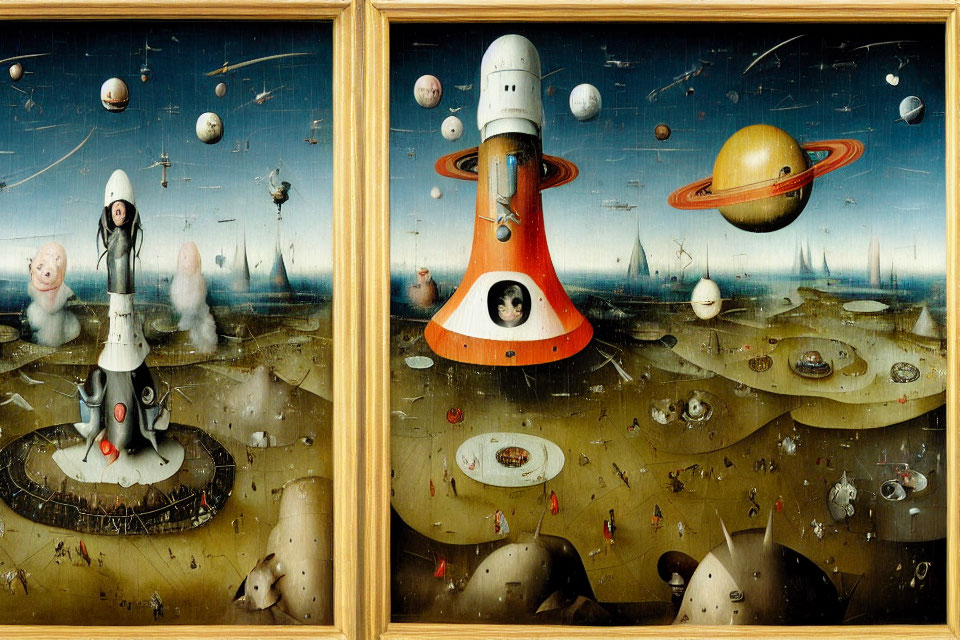 Surreal diptych art: spacecraft, whimsical characters, fantastical landscapes, floating spherical