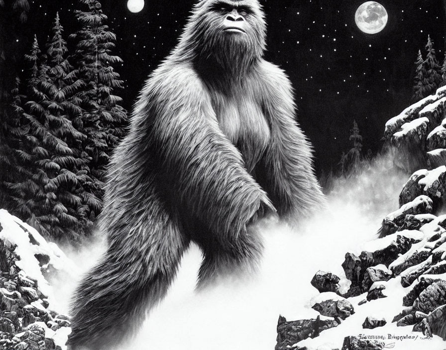 Majestic Bigfoot in Snowy Forest with Two Moons