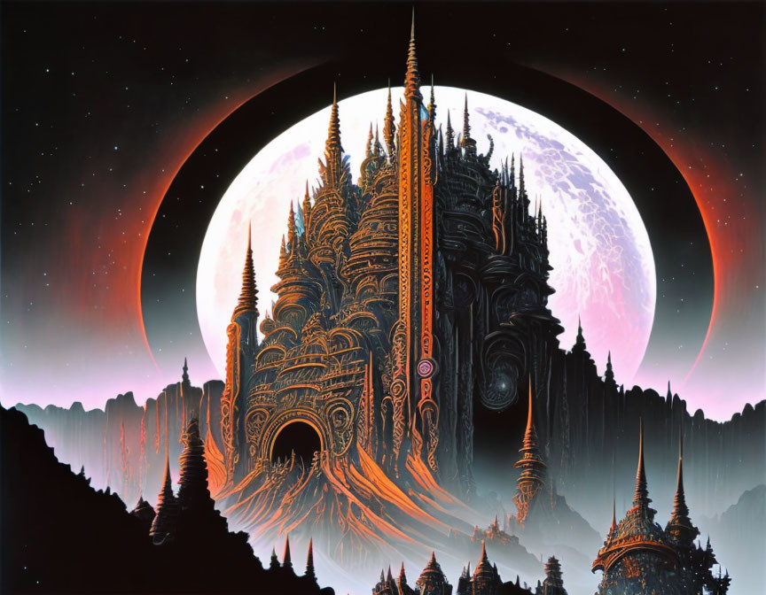 Fantastical cosmic landscape with ornate tower under large moon