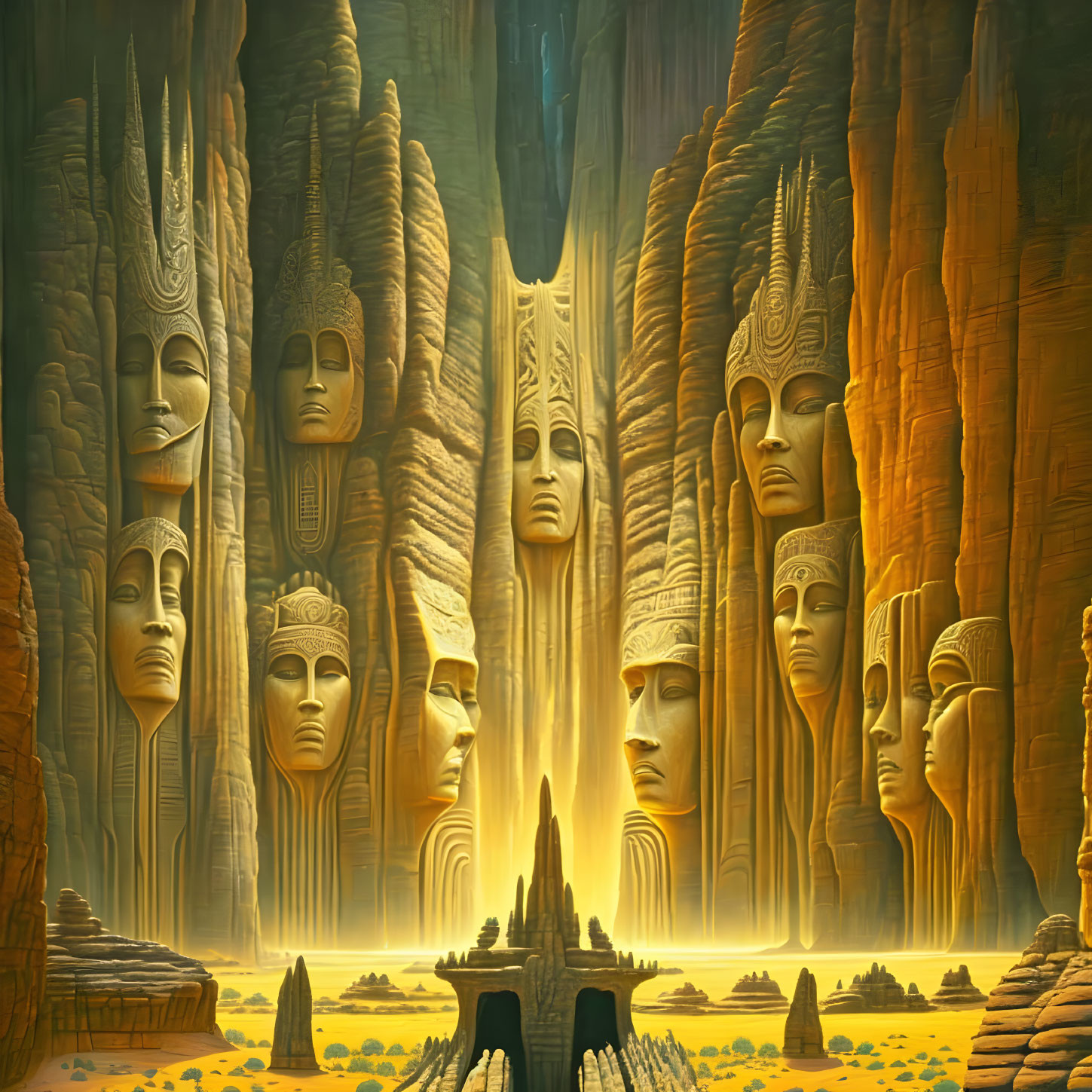 Mystical landscape with towering sculpted faces and central spire in golden-hued setting