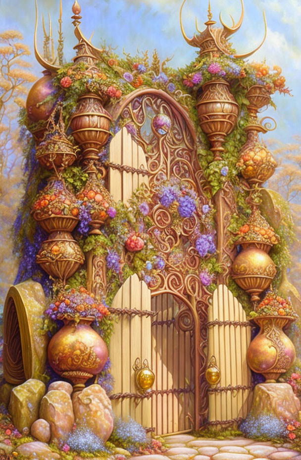 Intricate Arch-Shaped Gate with Golden Horns in Colorful Landscape