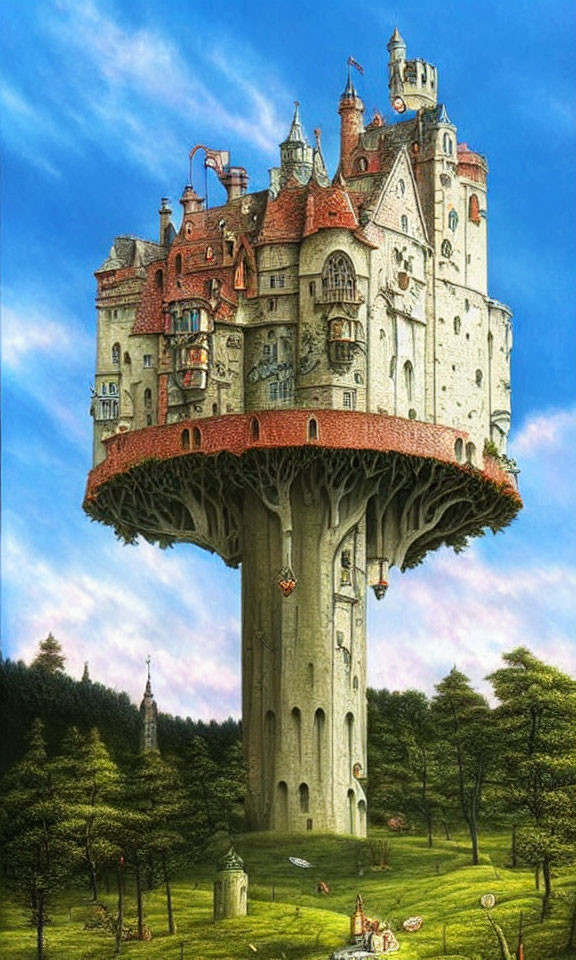 Fantastical castle on giant mushroom stalk in lush green landscape