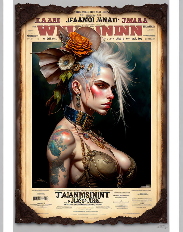 Fantasy steampunk woman with tattoos and mechanical wing earring in vintage-style border