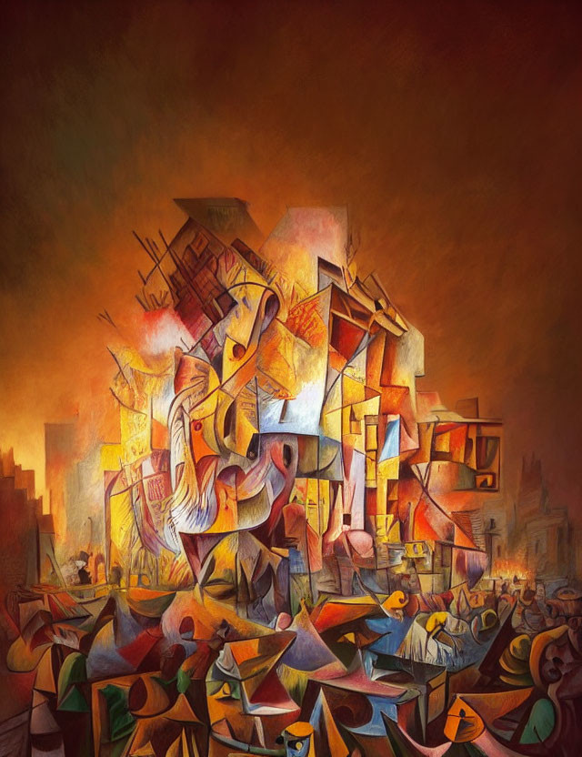 Colorful Cubist Painting Featuring Abstract Figures and Architectural Elements