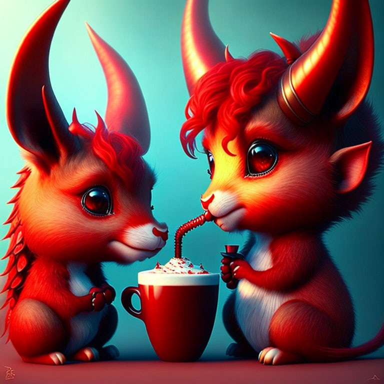 Two whimsical horned creatures sharing a drink in a cup on blue background