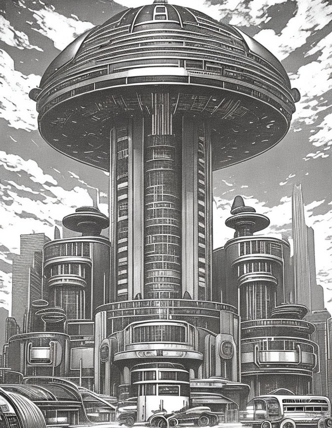 Monochrome futuristic cityscape with skyscrapers and orb-shaped building