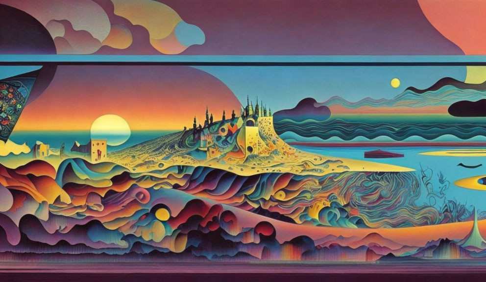 Colorful Layered Hills and Castle on Cliff in Surreal Landscape with Two Suns and Patterned Sea