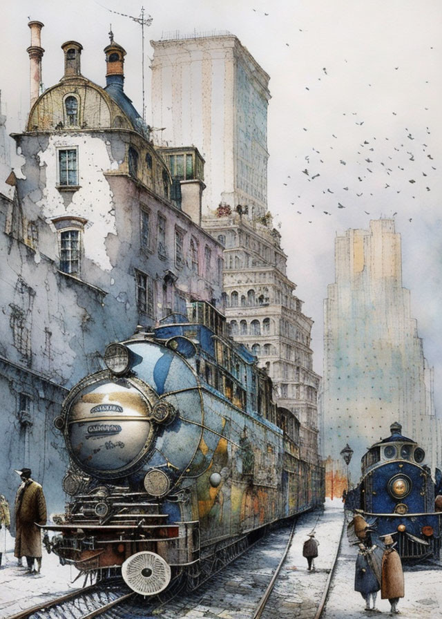 Detailed vintage city street illustration with steam trains, ornate buildings, elegant people, distant skyscrapers