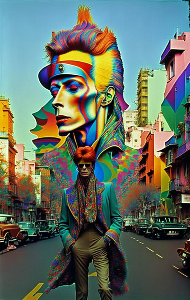 Colorful street scene with psychedelic portrait of a man.