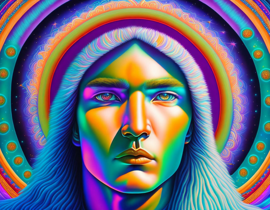 Colorful Psychedelic Portrait with Intense Eyes and Fractal Patterns